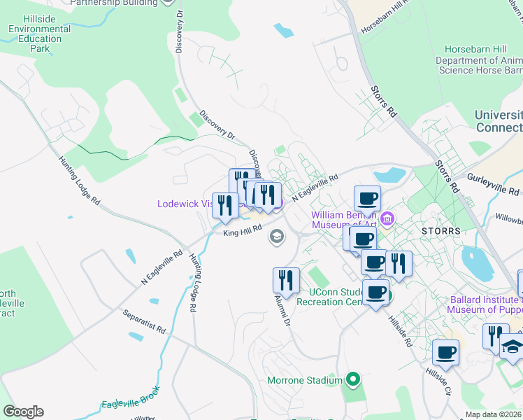 map of restaurants, bars, coffee shops, grocery stores, and more near 126 North Eagleville Road in Mansfield