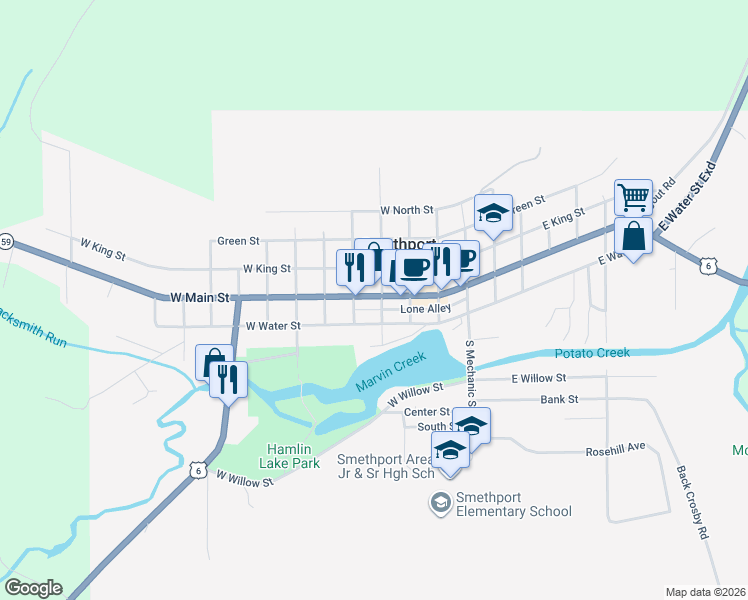 map of restaurants, bars, coffee shops, grocery stores, and more near 415 West Main Street in Smethport