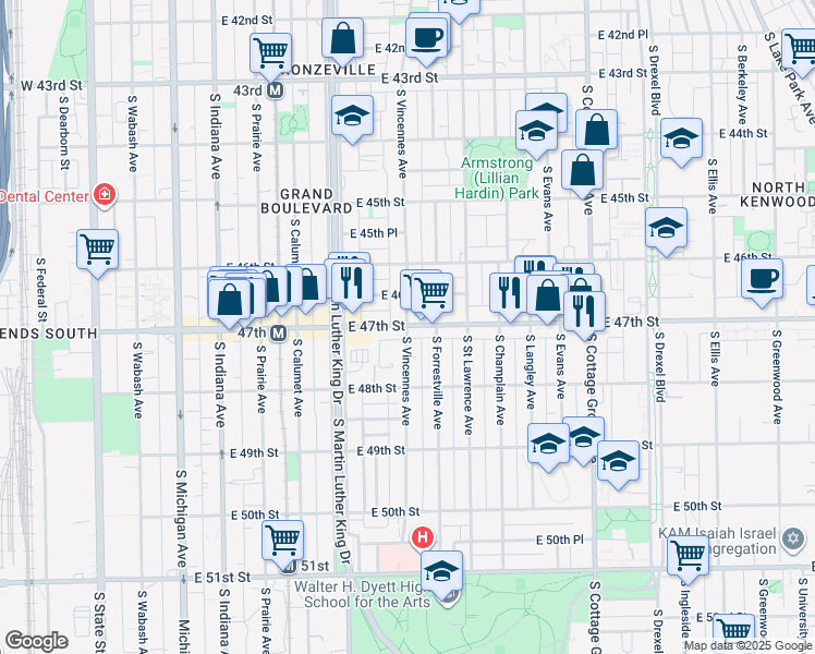 map of restaurants, bars, coffee shops, grocery stores, and more near 506 East 47th Street in Chicago