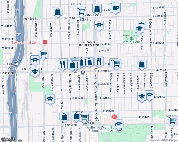 map of restaurants, bars, coffee shops, grocery stores, and more near 338-346 East 47th Street in Chicago