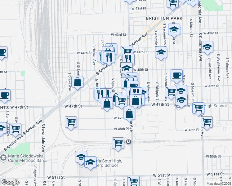 map of restaurants, bars, coffee shops, grocery stores, and more near 4612 South Spaulding Avenue in Chicago