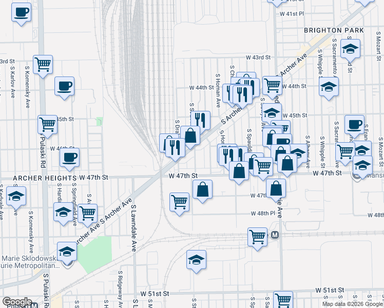 map of restaurants, bars, coffee shops, grocery stores, and more near 4615 South Saint Louis Avenue in Chicago