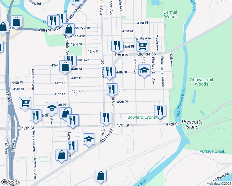map of restaurants, bars, coffee shops, grocery stores, and more near 4501 Prescott Avenue in Lyons