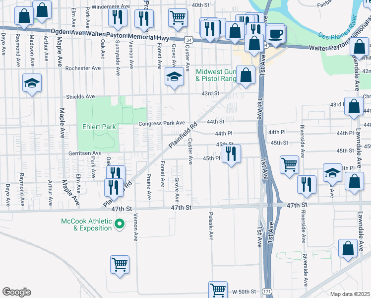 map of restaurants, bars, coffee shops, grocery stores, and more near 8741 45th Street in Lyons