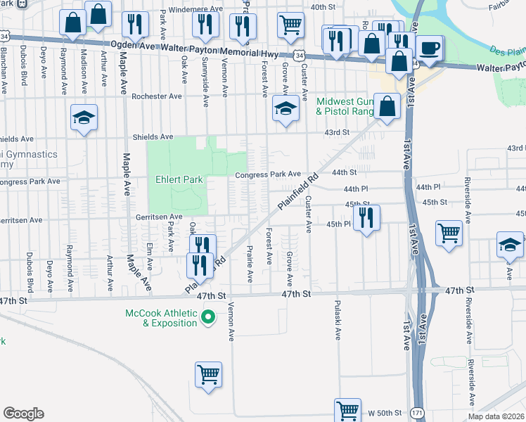 map of restaurants, bars, coffee shops, grocery stores, and more near 4424 Forest Avenue in Brookfield