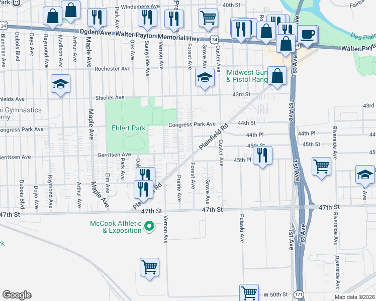 map of restaurants, bars, coffee shops, grocery stores, and more near 4424 Forest Avenue in Brookfield