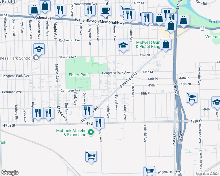 map of restaurants, bars, coffee shops, grocery stores, and more near 4424 Forest Avenue in Brookfield