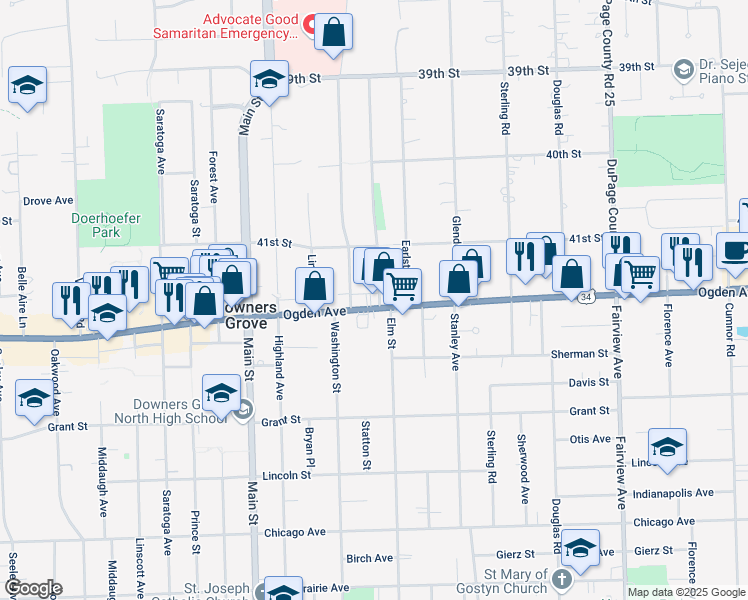 map of restaurants, bars, coffee shops, grocery stores, and more near 744 Walter Payton Memorial Highway in Downers Grove