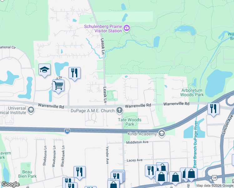 map of restaurants, bars, coffee shops, grocery stores, and more near 4247 Fiona Lane in Lisle