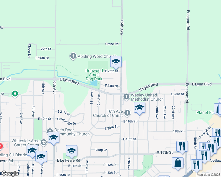 map of restaurants, bars, coffee shops, grocery stores, and more near 1403 East 24th Street in Sterling