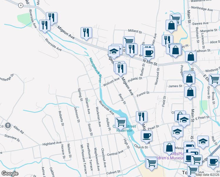 map of restaurants, bars, coffee shops, grocery stores, and more near 95 Woodbine Street in Torrington