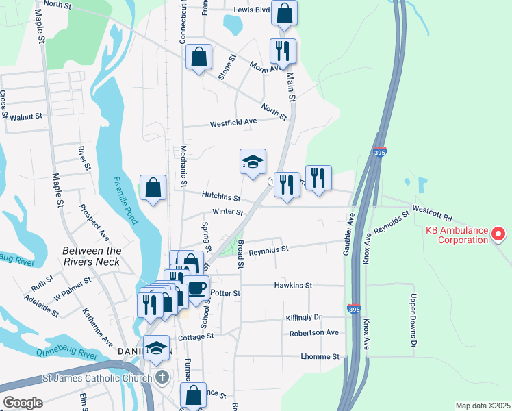 map of restaurants, bars, coffee shops, grocery stores, and more near Main Street & Westcott Road in Killingly
