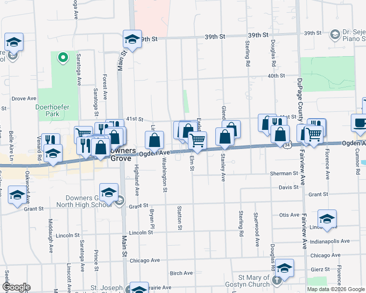 map of restaurants, bars, coffee shops, grocery stores, and more near 744 Walter Payton Memorial Highway in Downers Grove