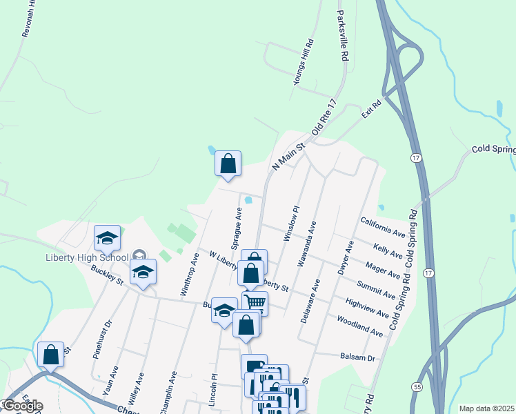 map of restaurants, bars, coffee shops, grocery stores, and more near 428 North Main Street in Liberty