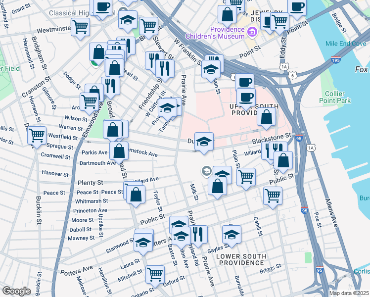 map of restaurants, bars, coffee shops, grocery stores, and more near 271 Blackstone Street in Providence