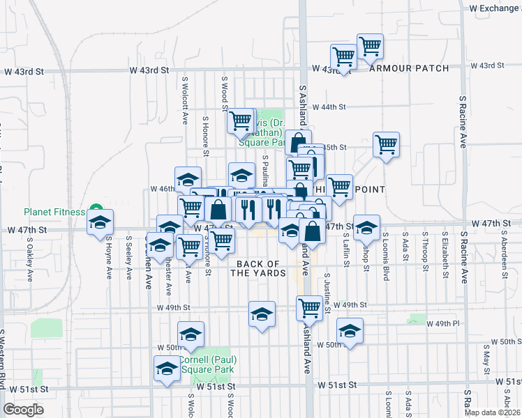 map of restaurants, bars, coffee shops, grocery stores, and more near 4632 South Paulina Street in Chicago