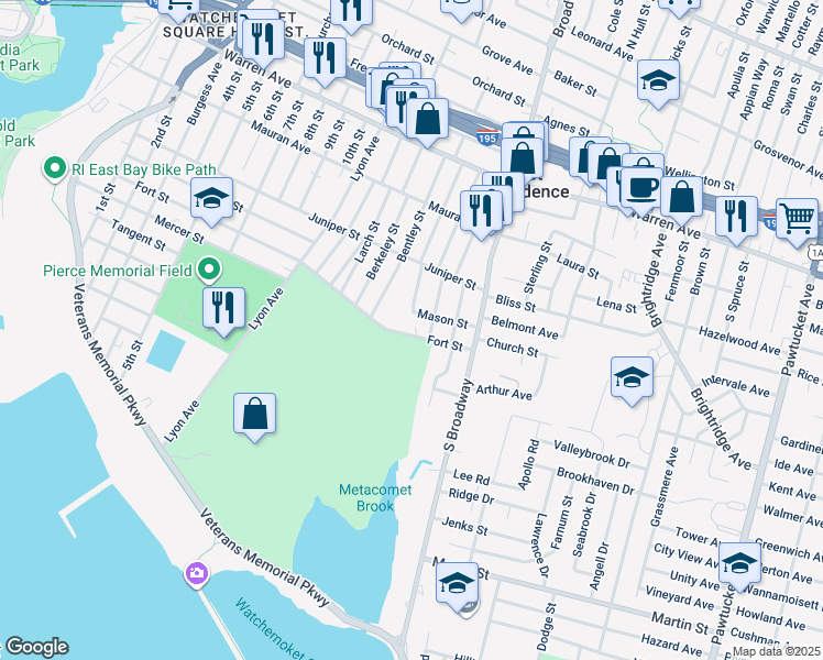 map of restaurants, bars, coffee shops, grocery stores, and more near 308 Fort Street in East Providence