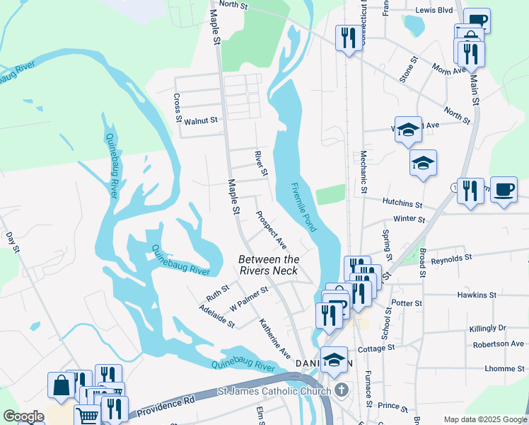 map of restaurants, bars, coffee shops, grocery stores, and more near 73 North River Lane in Killingly