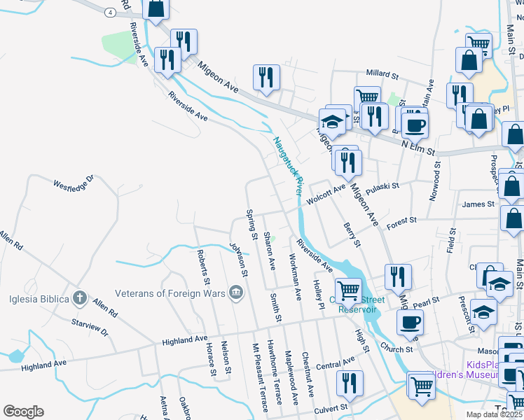 map of restaurants, bars, coffee shops, grocery stores, and more near 44 Eggleston St in Torrington