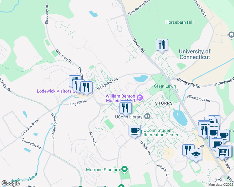 map of restaurants, bars, coffee shops, grocery stores, and more near 181 Auditorium Road in Mansfield