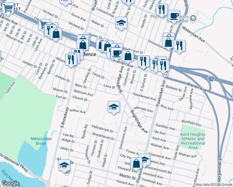 map of restaurants, bars, coffee shops, grocery stores, and more near 136 Bliss Street in East Providence