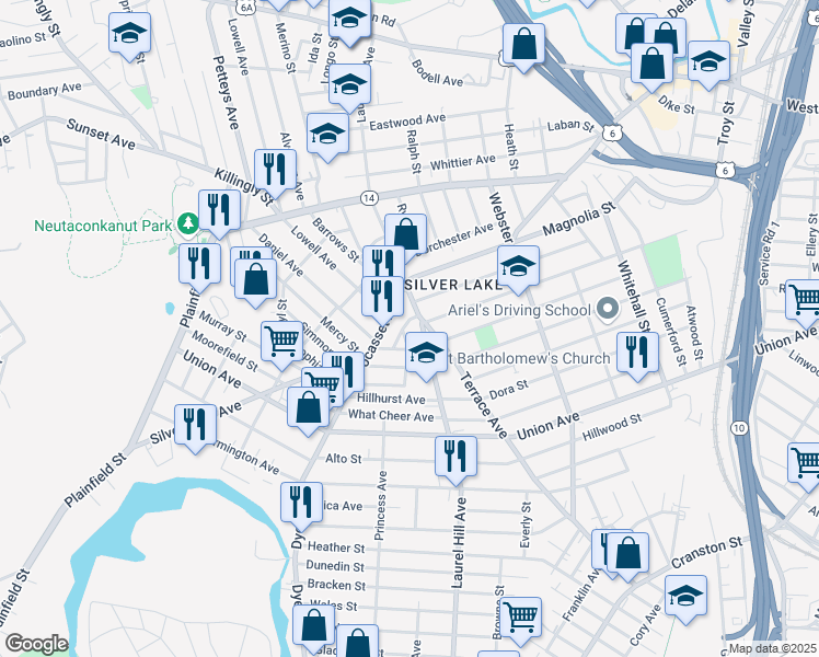 map of restaurants, bars, coffee shops, grocery stores, and more near 19 Bristol Avenue in Providence