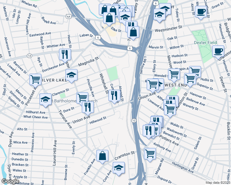 map of restaurants, bars, coffee shops, grocery stores, and more near 19 Dora Street in Providence