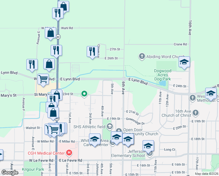 map of restaurants, bars, coffee shops, grocery stores, and more near 2305 5th Avenue in Sterling