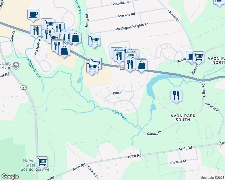 map of restaurants, bars, coffee shops, grocery stores, and more near 3 Finch Run in Avon