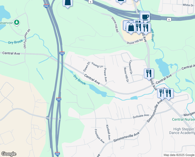 map of restaurants, bars, coffee shops, grocery stores, and more near 579 Central Ave in Johnston