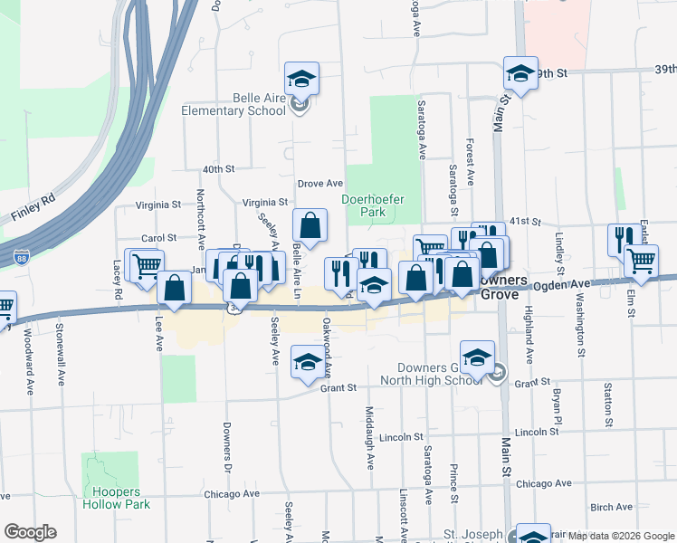 map of restaurants, bars, coffee shops, grocery stores, and more near 4220 Venard Road in Downers Grove
