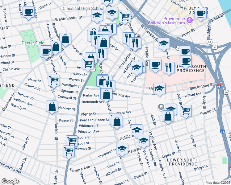 map of restaurants, bars, coffee shops, grocery stores, and more near 101 Comstock Avenue in Providence