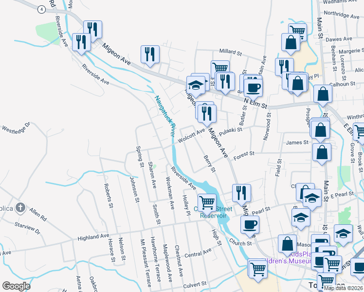 map of restaurants, bars, coffee shops, grocery stores, and more near 95 Woodbine Street in Torrington
