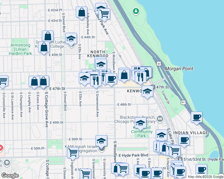 map of restaurants, bars, coffee shops, grocery stores, and more near 4700 South Woodlawn Avenue in Chicago