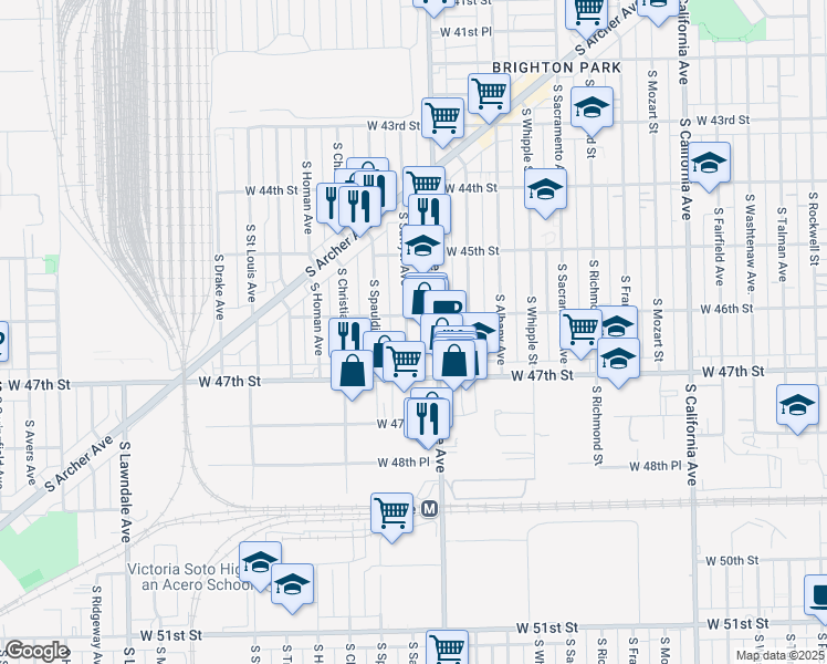 map of restaurants, bars, coffee shops, grocery stores, and more near 4613 South Sawyer Avenue in Chicago