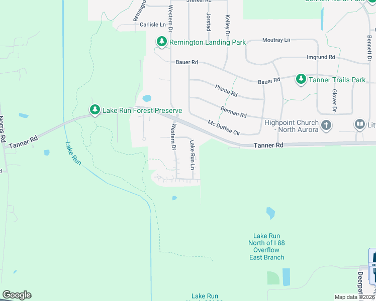 map of restaurants, bars, coffee shops, grocery stores, and more near 350 Lake Run Lane in North Aurora