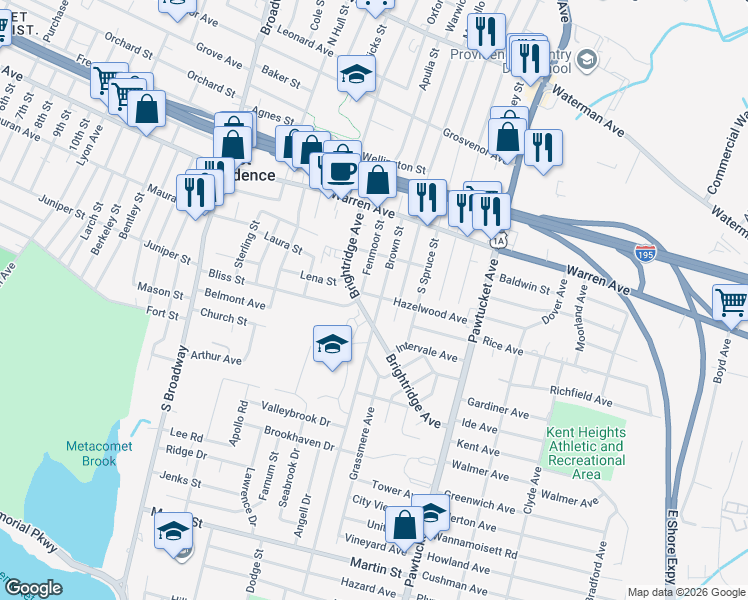 map of restaurants, bars, coffee shops, grocery stores, and more near 9 Hazelwood Ave in East Providence