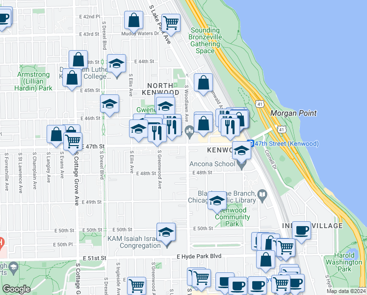 map of restaurants, bars, coffee shops, grocery stores, and more near 4700 South Woodlawn Avenue in Chicago