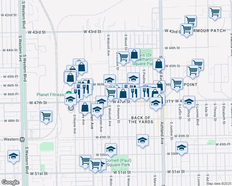 map of restaurants, bars, coffee shops, grocery stores, and more near 4637 South Wolcott Avenue in Chicago