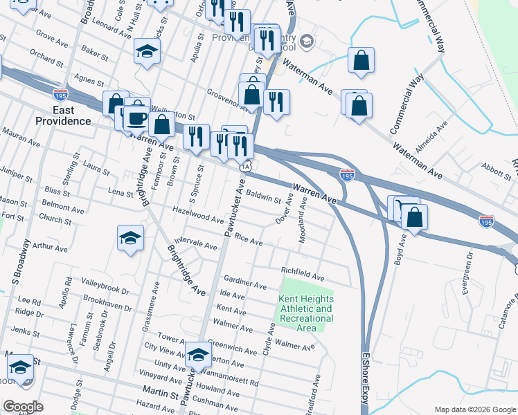 map of restaurants, bars, coffee shops, grocery stores, and more near 30 Mayflower Street in East Providence
