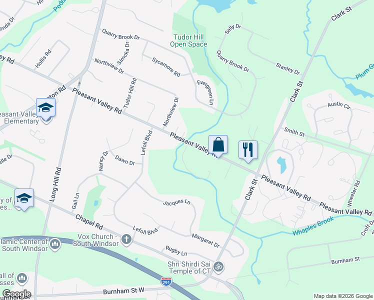 map of restaurants, bars, coffee shops, grocery stores, and more near 947 Pleasant Valley Road in South Windsor