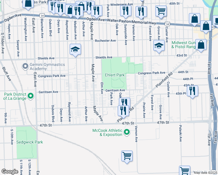 map of restaurants, bars, coffee shops, grocery stores, and more near 4432 Park Avenue in Brookfield
