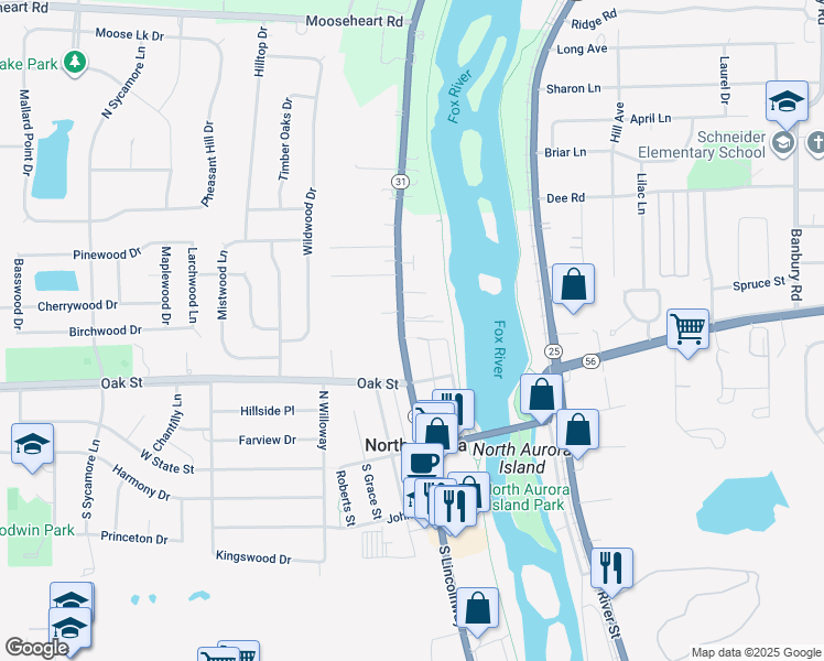 map of restaurants, bars, coffee shops, grocery stores, and more near 129 North Lincolnway Street in North Aurora