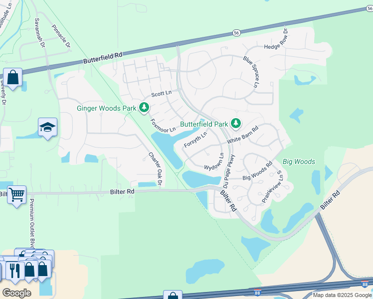 map of restaurants, bars, coffee shops, grocery stores, and more near 2428 Wydown Lane in Aurora