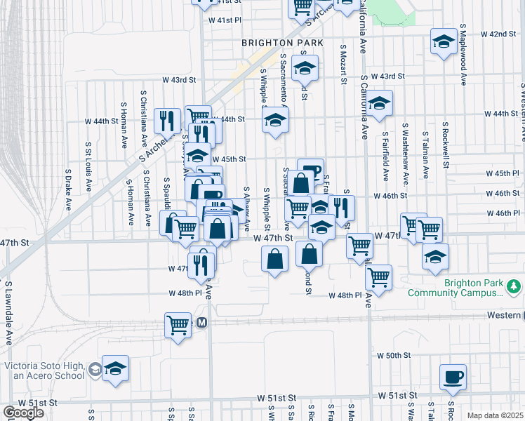 map of restaurants, bars, coffee shops, grocery stores, and more near 4614 South Whipple Street in Chicago