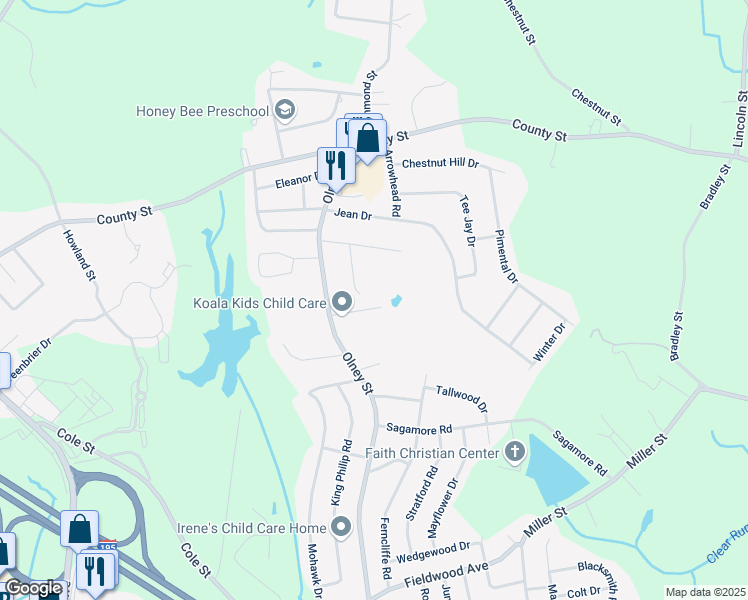 map of restaurants, bars, coffee shops, grocery stores, and more near 50 Agawam Court in Seekonk