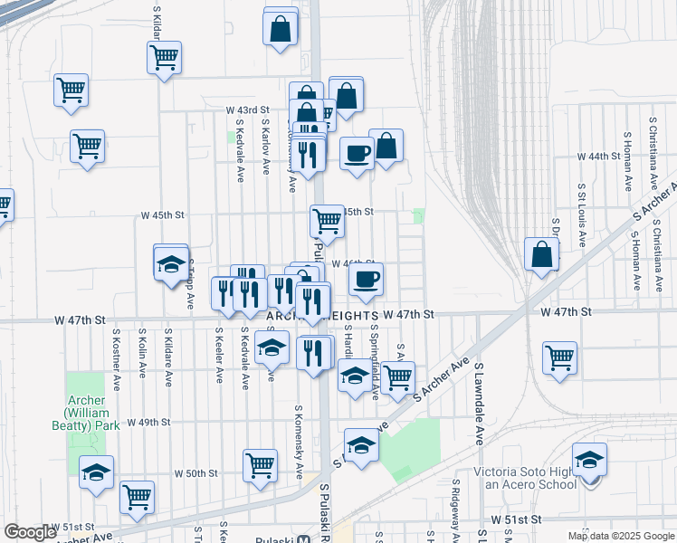 map of restaurants, bars, coffee shops, grocery stores, and more near 4604 South Harding Avenue in Chicago