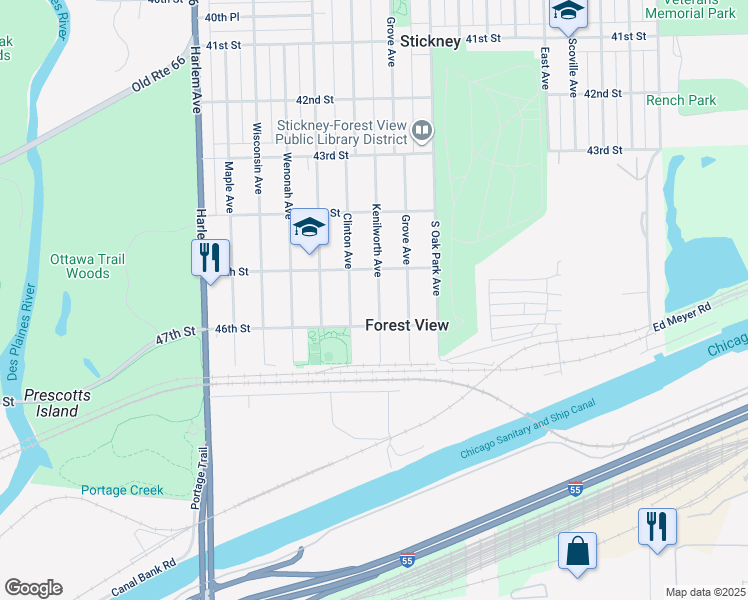map of restaurants, bars, coffee shops, grocery stores, and more near 4518 Kenilworth Avenue in Forest View