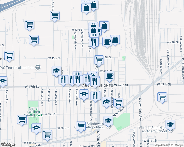 map of restaurants, bars, coffee shops, grocery stores, and more near 4603 South Komensky Avenue in Chicago