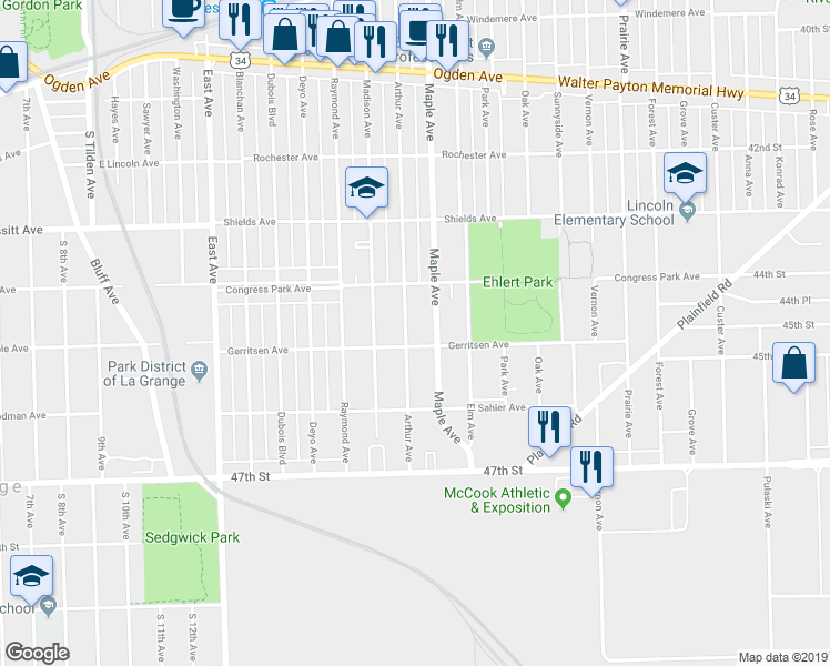 map of restaurants, bars, coffee shops, grocery stores, and more near 4437 Arthur Avenue in Brookfield